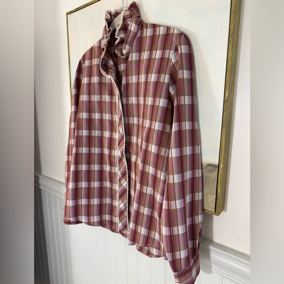 SHAPELY Cottagecore Prairie Mock Neck Button Down Plaid Maroon Shirt Size 12 - Picture 5 of 7
